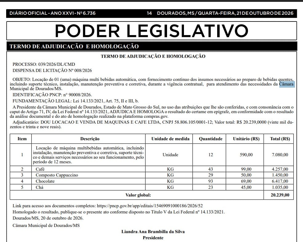 Câmara de Dourados contrata máquina multibebidas por mais de R$ 20 mil