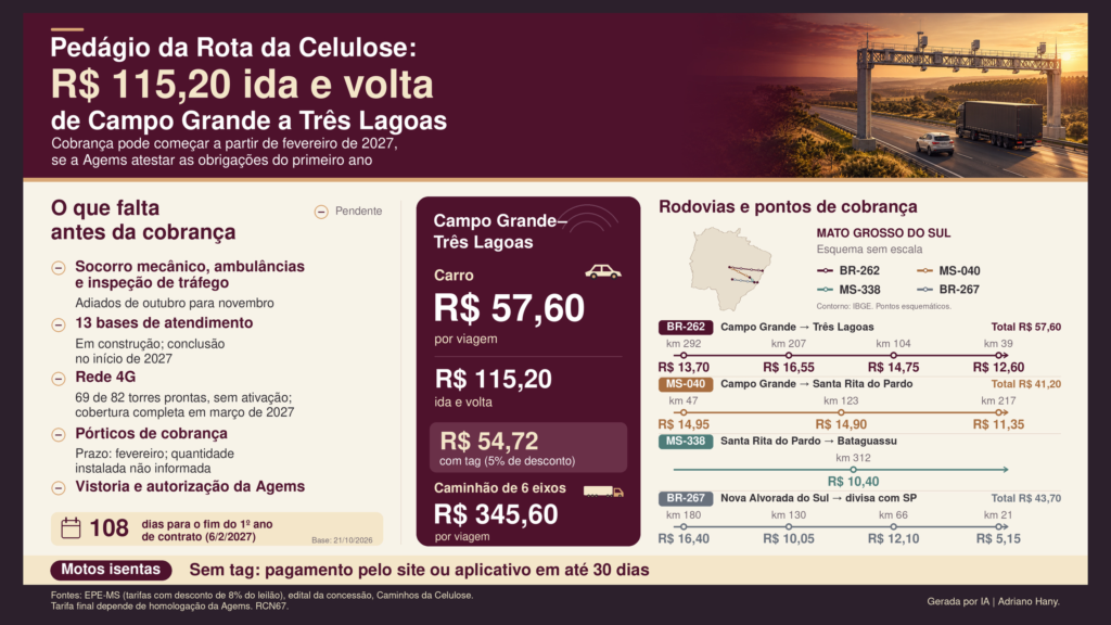 Pedágio da Rota da Celulose: ida e volta a Três Lagoas custará R$ 115,20