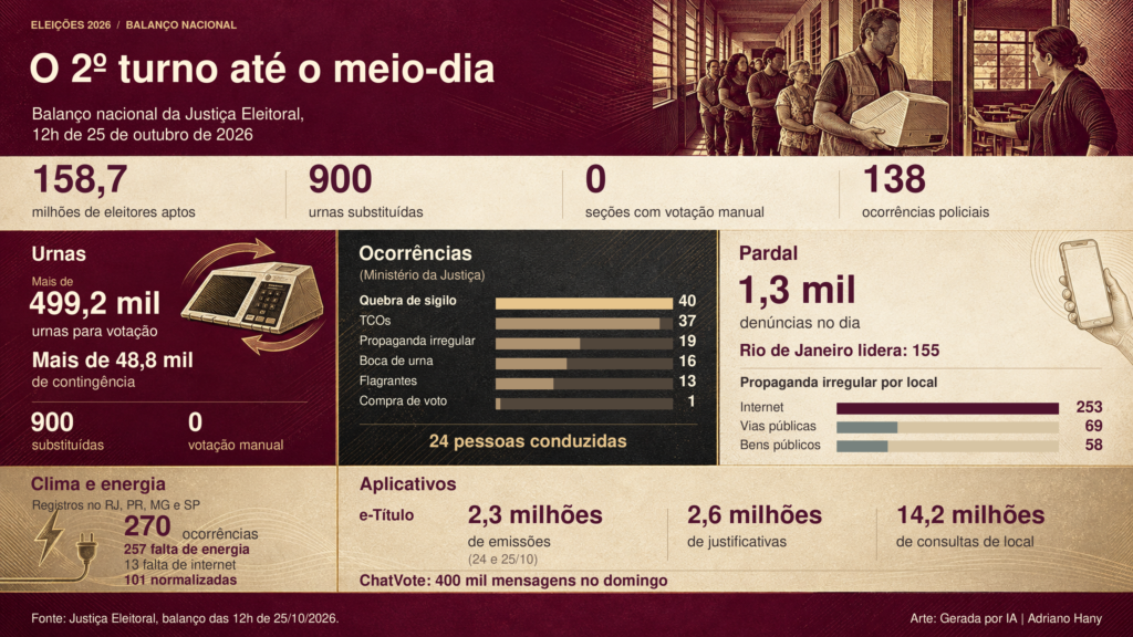 Justiça Eleitoral troca 900 urnas e registra zero votações manuais no 2º turno