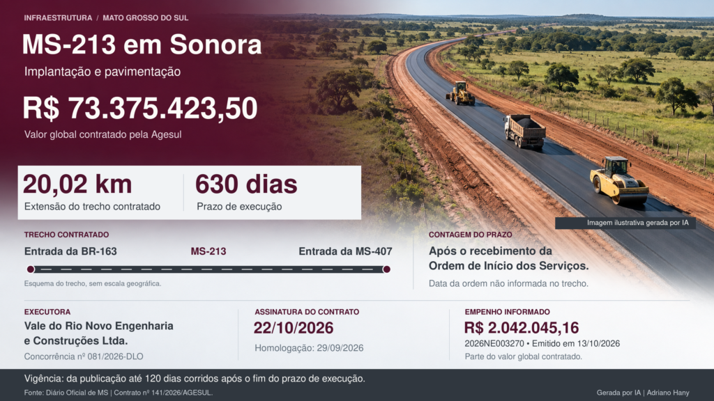 Estado assina contrato de R$ 73,3 mi para pavimentar 20 km da MS‑213 em Sonora