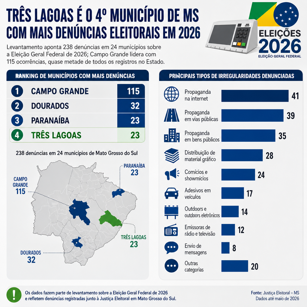 Três Lagoas é 4ª em denúncias eleitorais no MS; Capital lidera