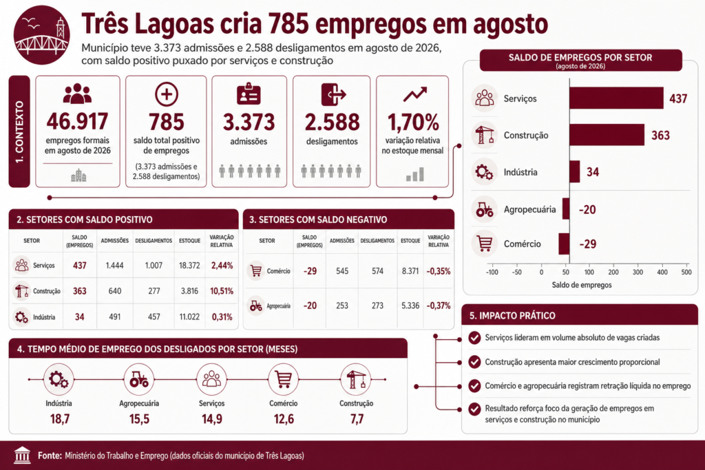 Três Lagoas lidera geração de empregos em agosto com 785 vagas